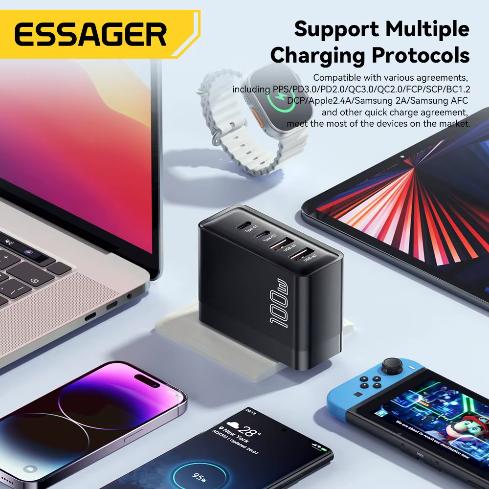 Essager 100 W Gan USB Typ C Caricabatterie PD QC Schnellladung 4.0 3.0 Typ C Ricarica Rapida Pro Iphone 14 13 12 Xiaomi Macbook