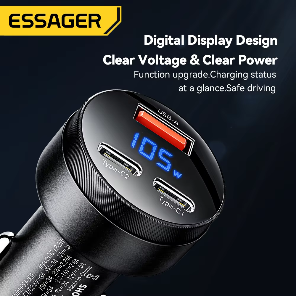 Essager USB C Autoladegerät 105 W Schnellladung PD3.0 QC4.0 3.0 SCP PPS USB Typ C Schnellladung Für Iphone 15 14 13 Samsung Xiaomi