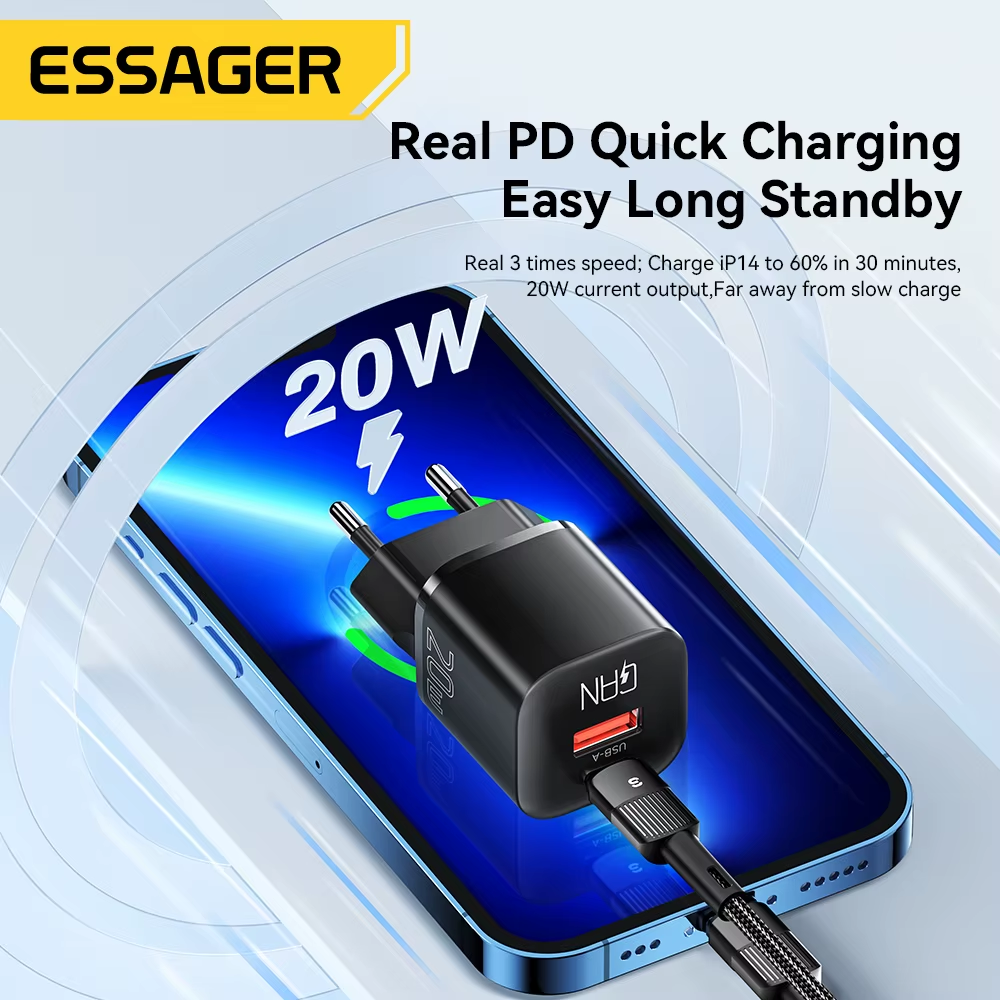 Essager 20W Gan PD USB C Ladegerät Für Iphone 14 13 12 11 Pro Max Telefon QC 3.0 PD 3.0 USB Typ C Schnellladung Für Xiaomi Pocopad