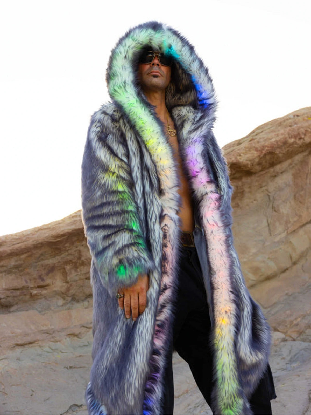 New LED Faux Fur Coat for Men Hooded Comfortable Thickened Winter Coat  Multi-Scene Personalized LED Stage Dance Party Costume